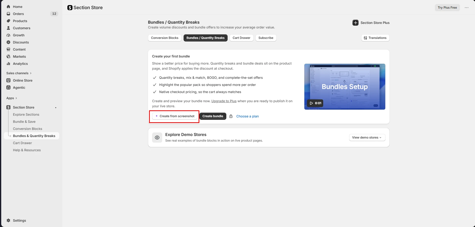 Section Store bundles screen stating that publishing a bundle to a live store requires upgrading to Plus