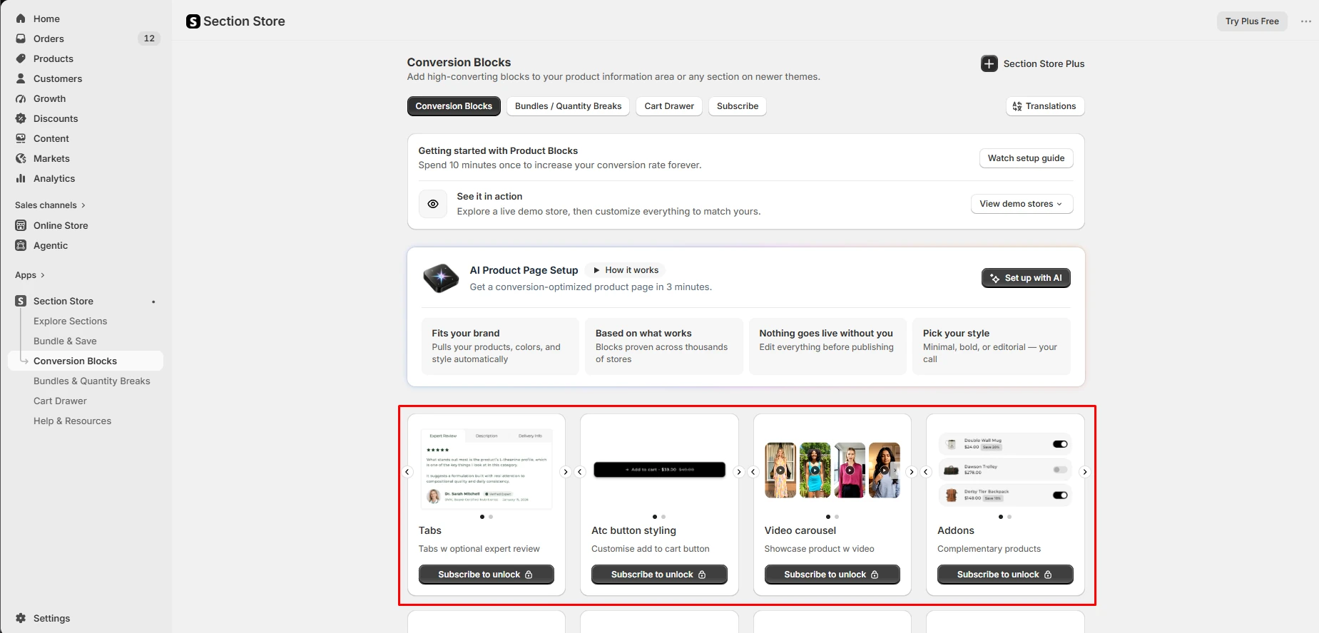 Section Store Conversion Blocks screen with every block card marked Subscribe to unlock
