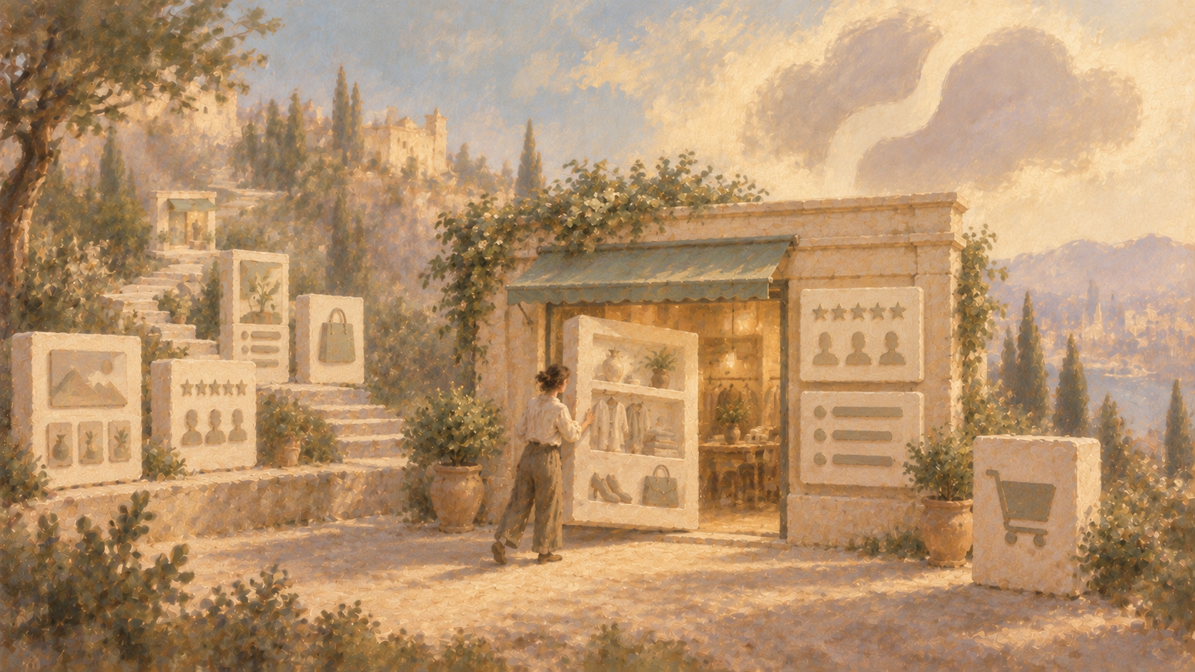 A merchant adding ready-made modular sections to a storefront beneath a soft Section Store-inspired sky emblem