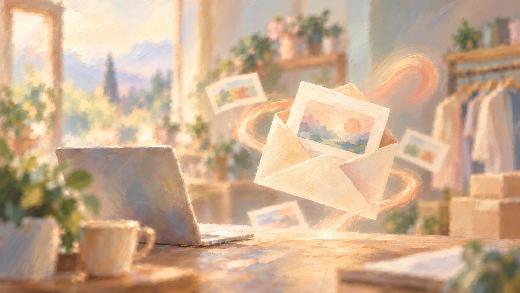 A soft impressionist email-marketing scene with a glowing envelope and floating message cards.