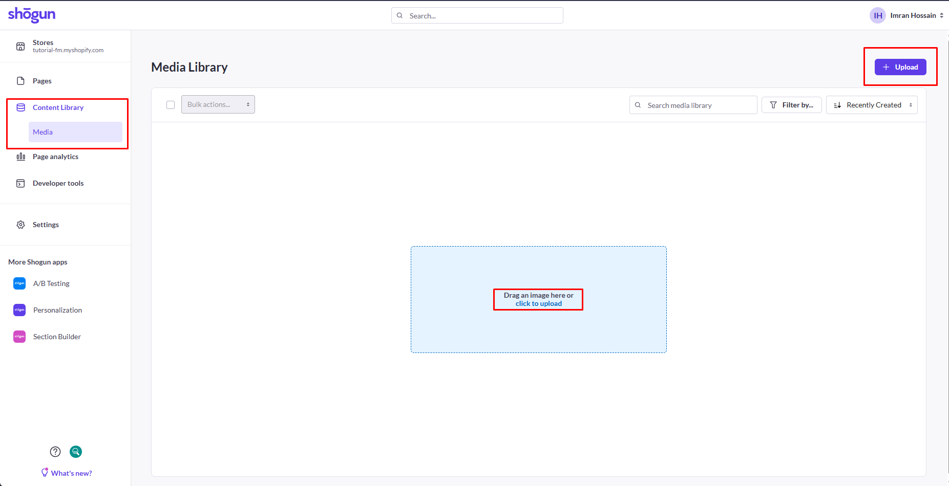 Shogun media library showing upload, search, filter, and sorting controls