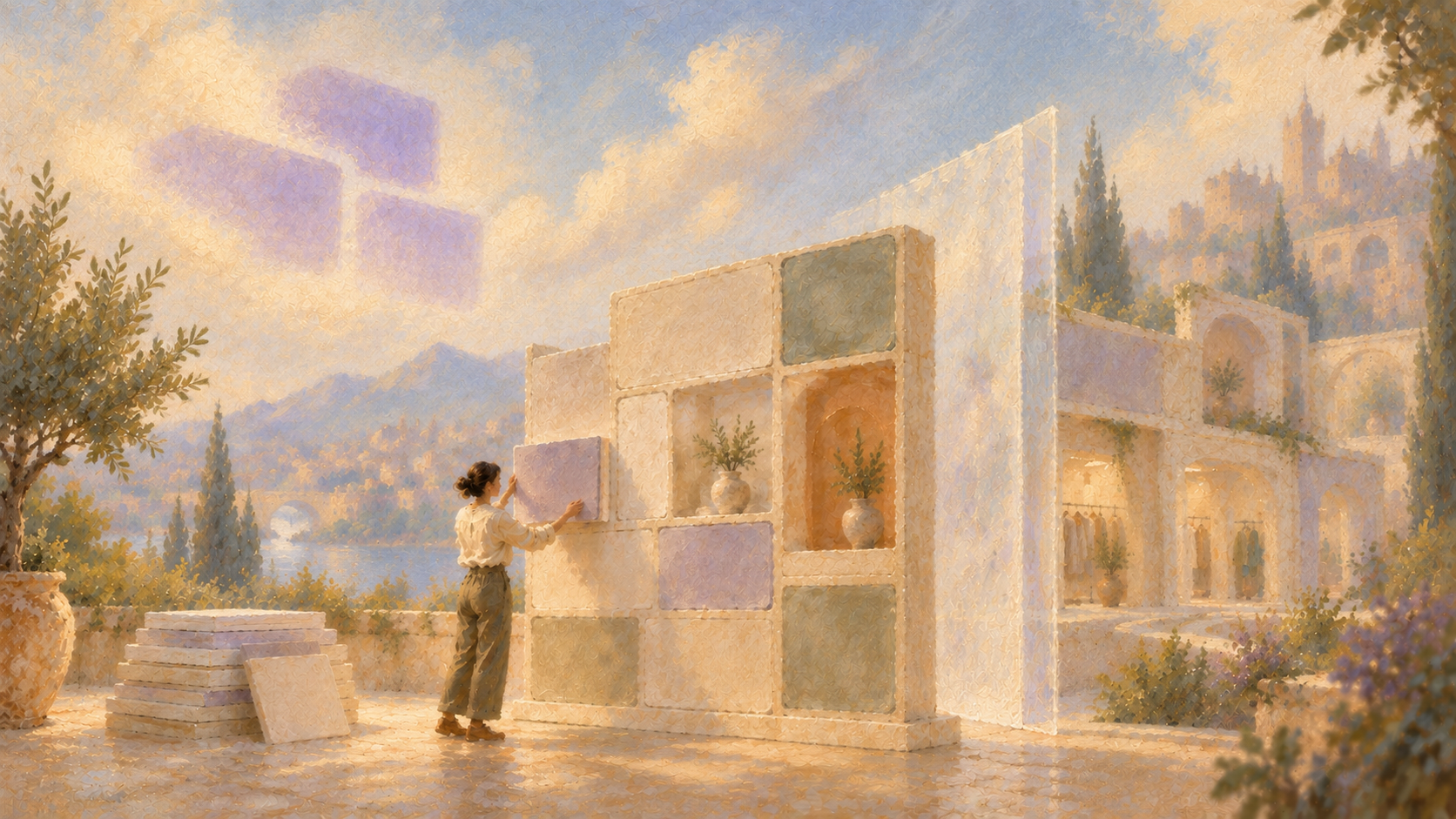 A merchant arranging lavender storefront modules on a sunlit terrace