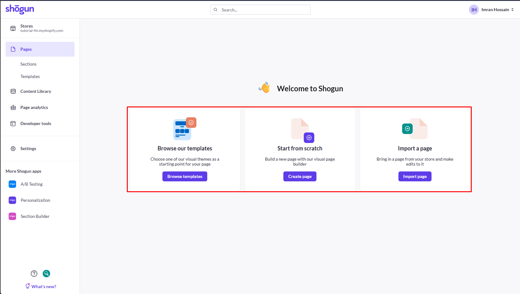 Shogun dashboard offering template, blank-page, and page-import starting options