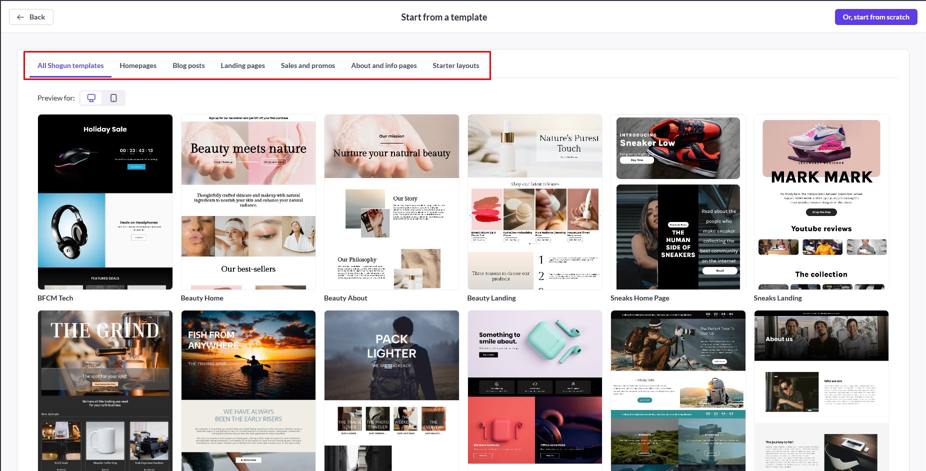 Shogun template library showing page categories and desktop and mobile preview controls