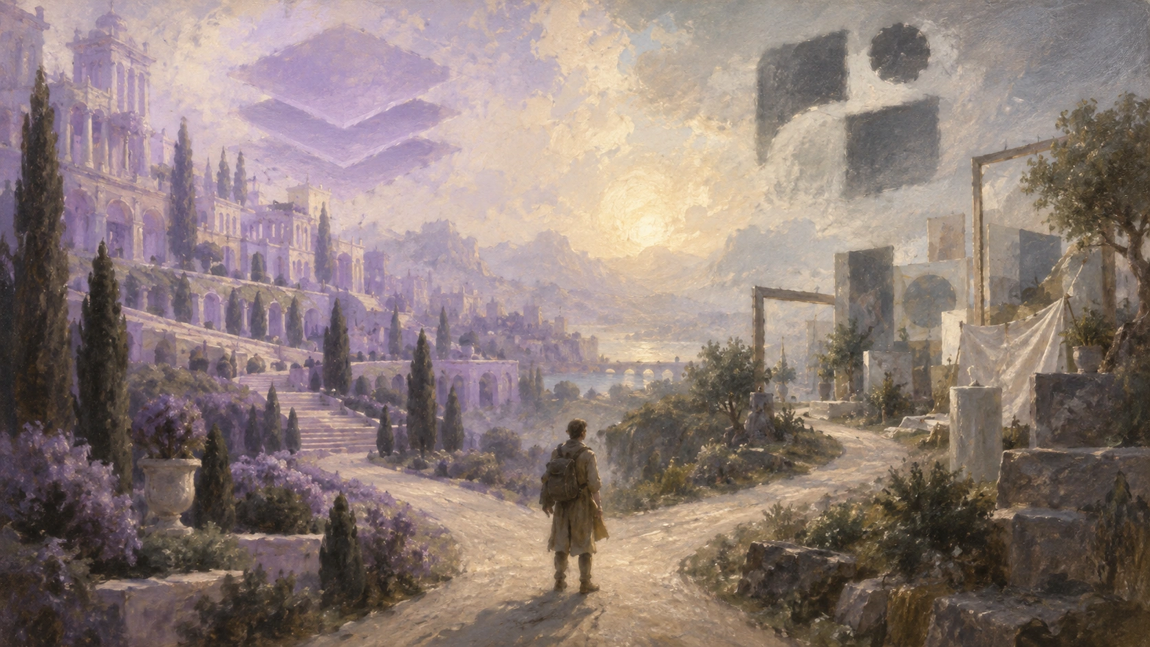 Painterly crossroads representing two different paths for Shopify page building with Shogun and Replo
