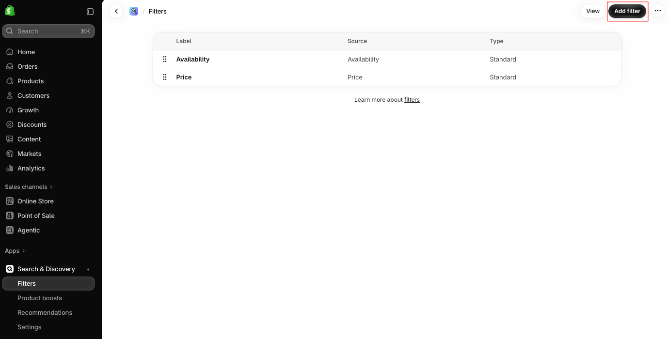 Shopify admin with the Search & Discovery app menu showing only Filters, Product boosts, Recommendations and Settings, next to a Filters list containing Availability and Price