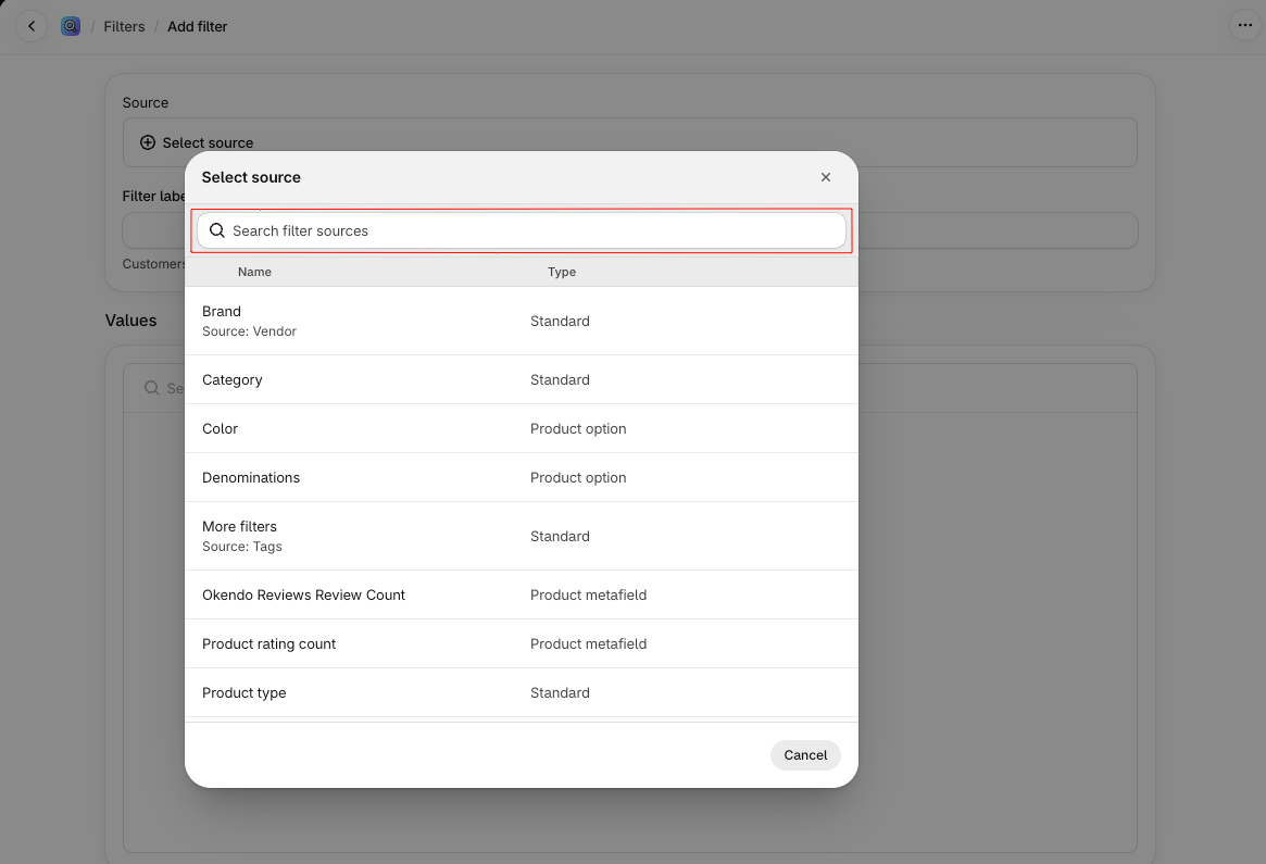 Shopify Search & Discovery Add filter page with the Select source window open, listing Brand from Vendor, Category, Color and Denominations as product options, More filters from Tags, Okendo Reviews Review Count and Product rating count as product metafields, and Product type