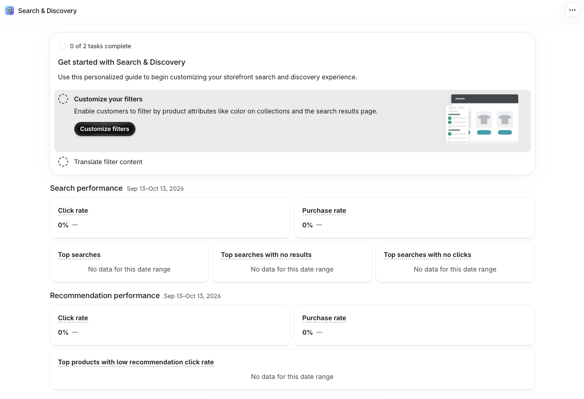 Shopify Search & Discovery home page with a two-step getting started guide to customize filters and translate filter content, plus Search performance and Recommendation performance cards for click rate, purchase rate, top searches, searches with no results and searches with no clicks