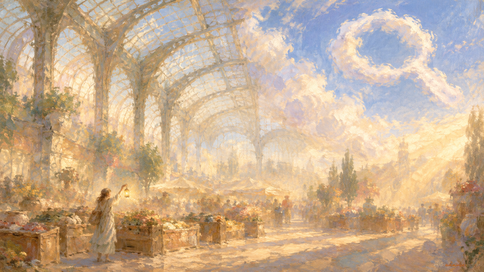 A soft vintage oil painting of a woman in a white dress raising a lantern beside wooden crates of flowers in a sunlit glass-roofed market hall, with stalls and shoppers fading into golden haze and a magnifying-glass-shaped cloud drifting in a blue sky.