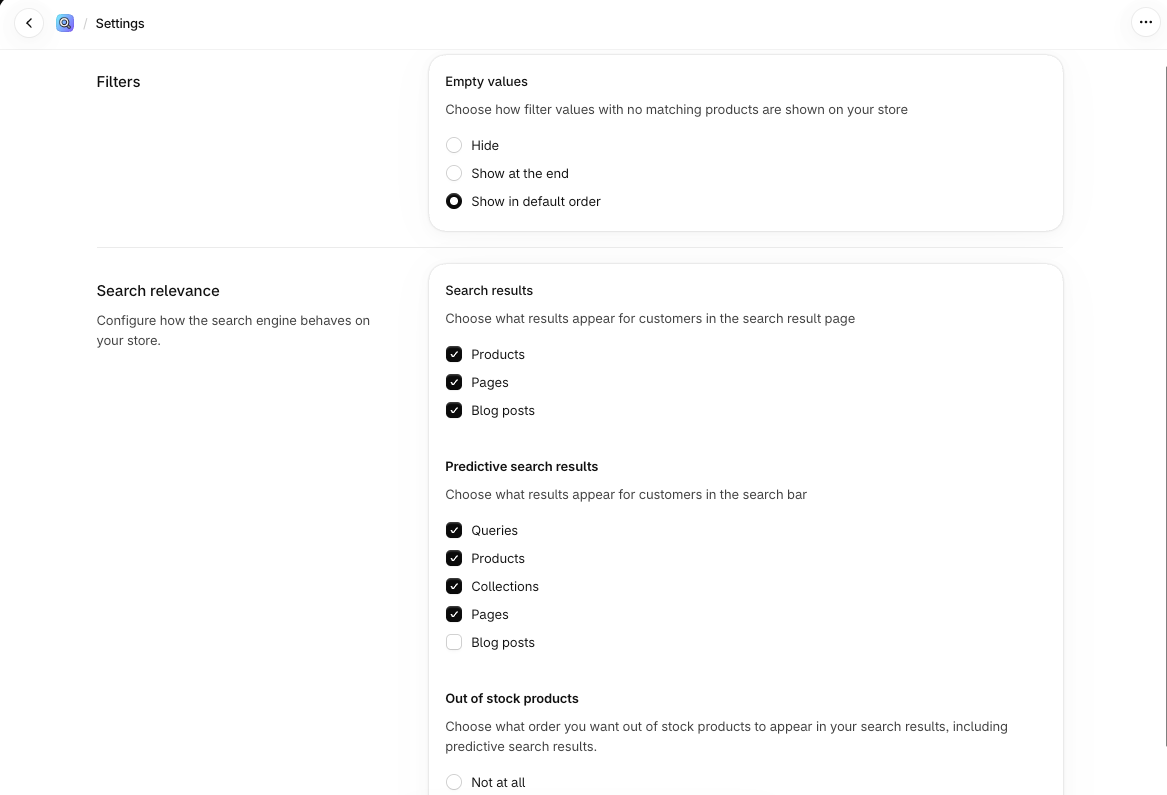 Shopify Search & Discovery Settings page with Empty values options Hide, Show at the end and Show in default order, Search results set to Products, Pages and Blog posts, Predictive search results set to Queries, Products, Collections and Pages with Blog posts unchecked, and the start of the Out of stock products section