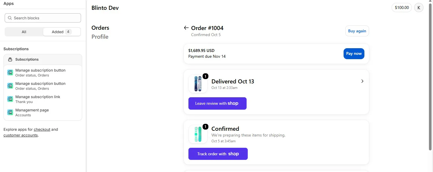 Shopify checkout and accounts editor with the Apps panel showing four Subscriptions blocks added: two Manage subscription buttons for Order status and Orders, a Manage subscription link for the Thank you page and a Management page for Accounts, beside a customer account order page preview for the Blinto Dev store