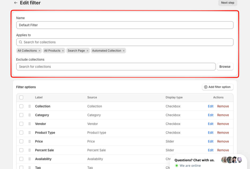 Smart Filter & Search Edit filter page with the Default Filter applied to All Collections, All Products, Search Page and Automated Collection, and a list of filter options including Collection, Category, Vendor, Product Type, Price and Percent Sale