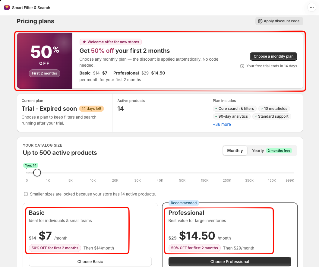 Smart Filter & Search Pricing plans page with a 50% off first 2 months welcome offer, a catalog size slider set to up to 500 active products, and Basic at $14 and Professional at $29 per month