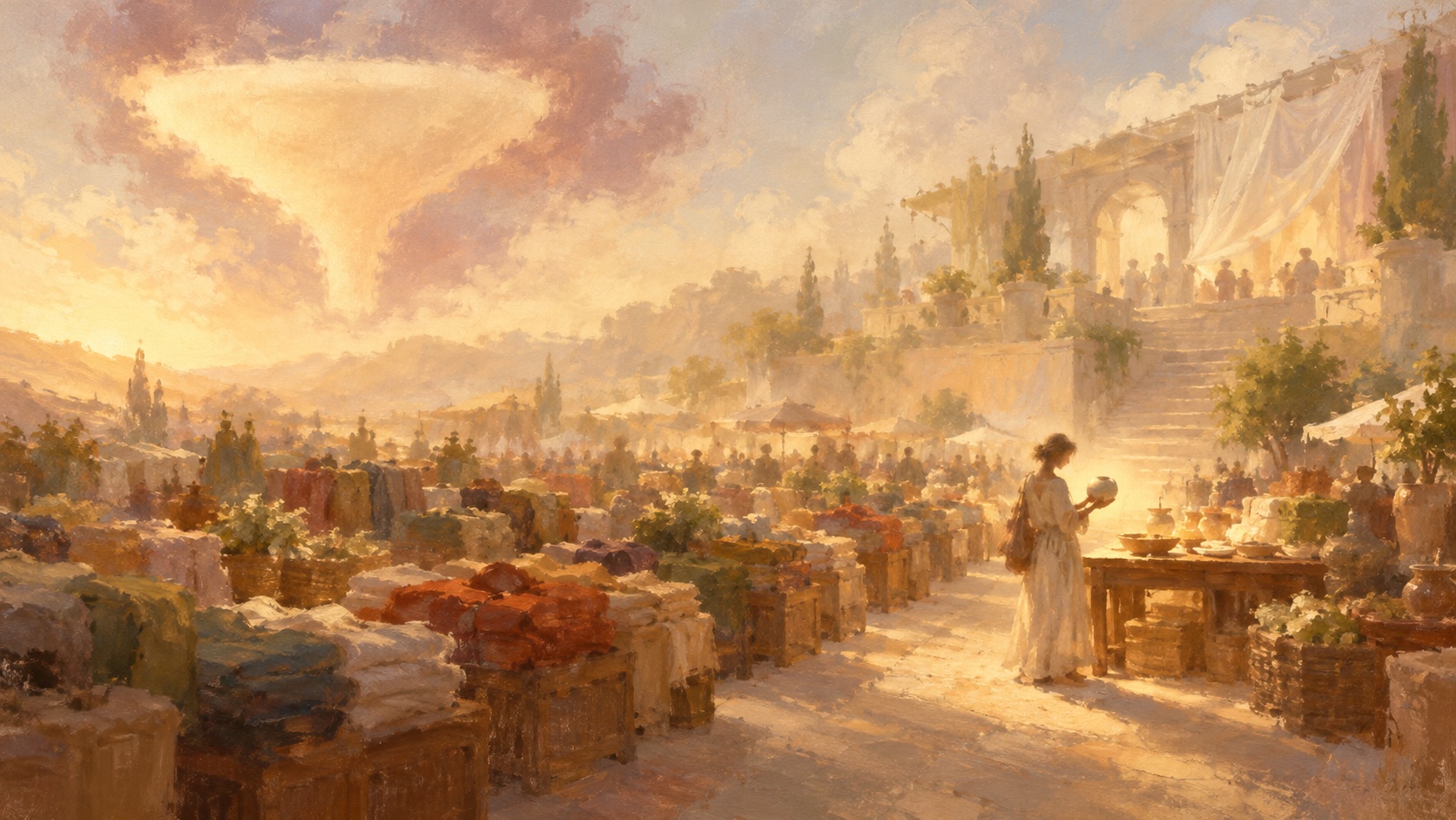 A soft vintage oil painting of a woman holding a white bowl beside a sunlit table at the end of long rows of crates piled with folded cloth, with a terrace veiled in pale curtains behind her and a large amber funnel-shaped cloud glowing in a plum-tinted sky.