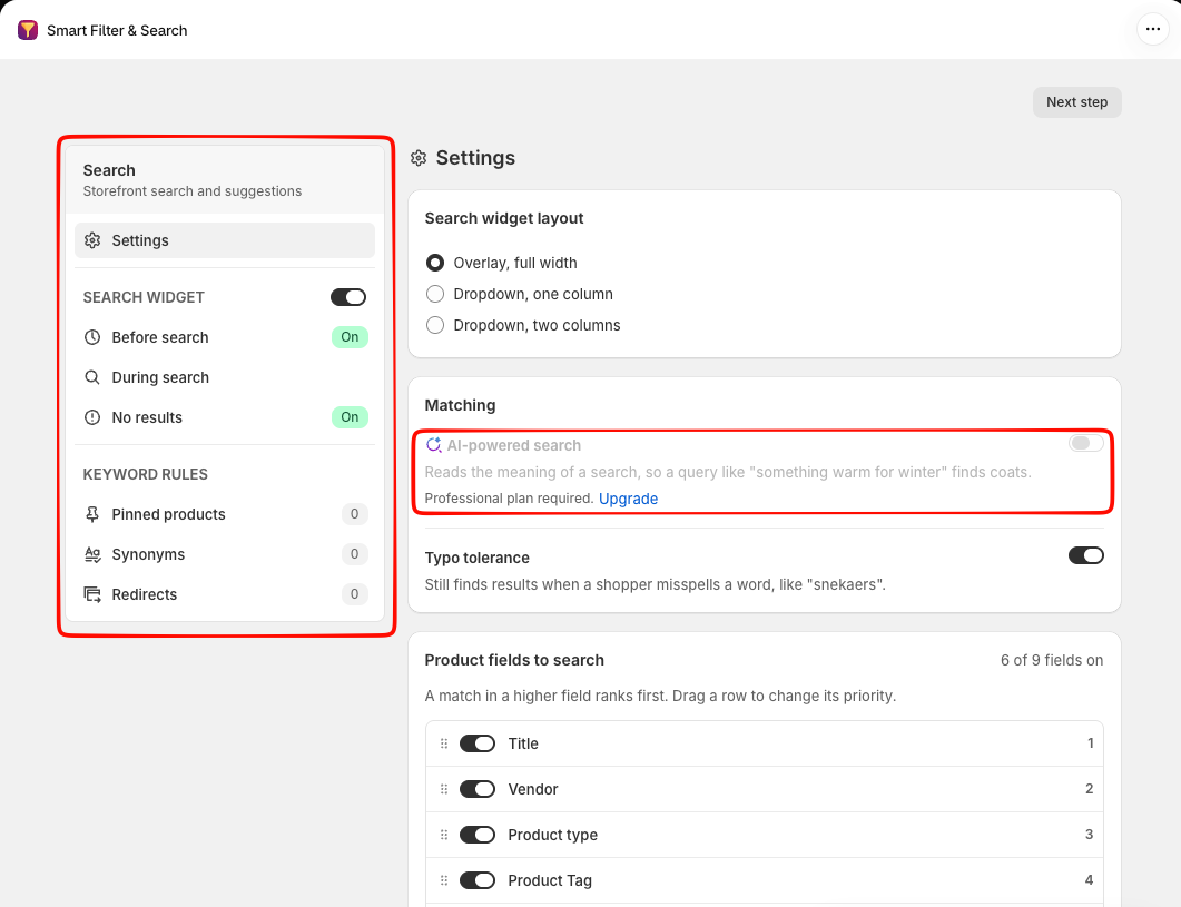 Smart Filter & Search Search settings showing the search widget layout options, a greyed-out AI-powered search toggle marked Professional plan required, typo tolerance switched on, and product fields to search ranked by priority