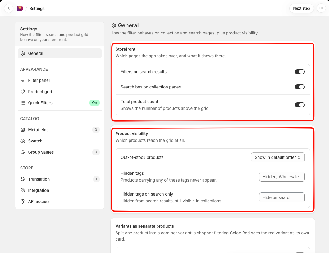 Smart Filter & Search General settings with Storefront toggles for filters on search results, a search box on collection pages and total product count, and Product visibility options for out-of-stock products, hidden tags and hidden tags on search only