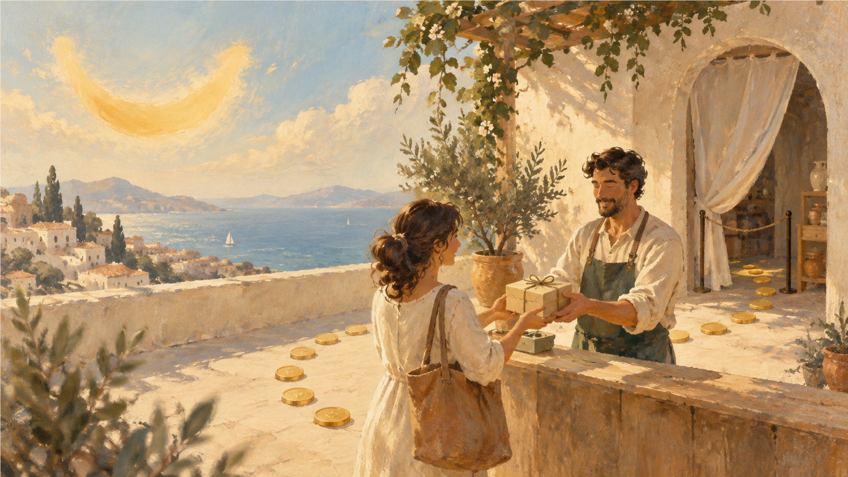 A merchant handing a wrapped reward to a returning customer beside a circular path of golden tokens beneath a smile-shaped light