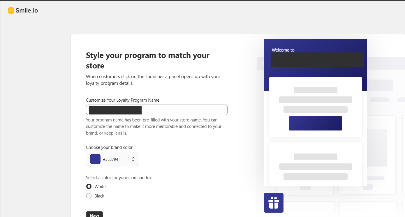 Smile.io program branding setup with name, brand color, and text color controls