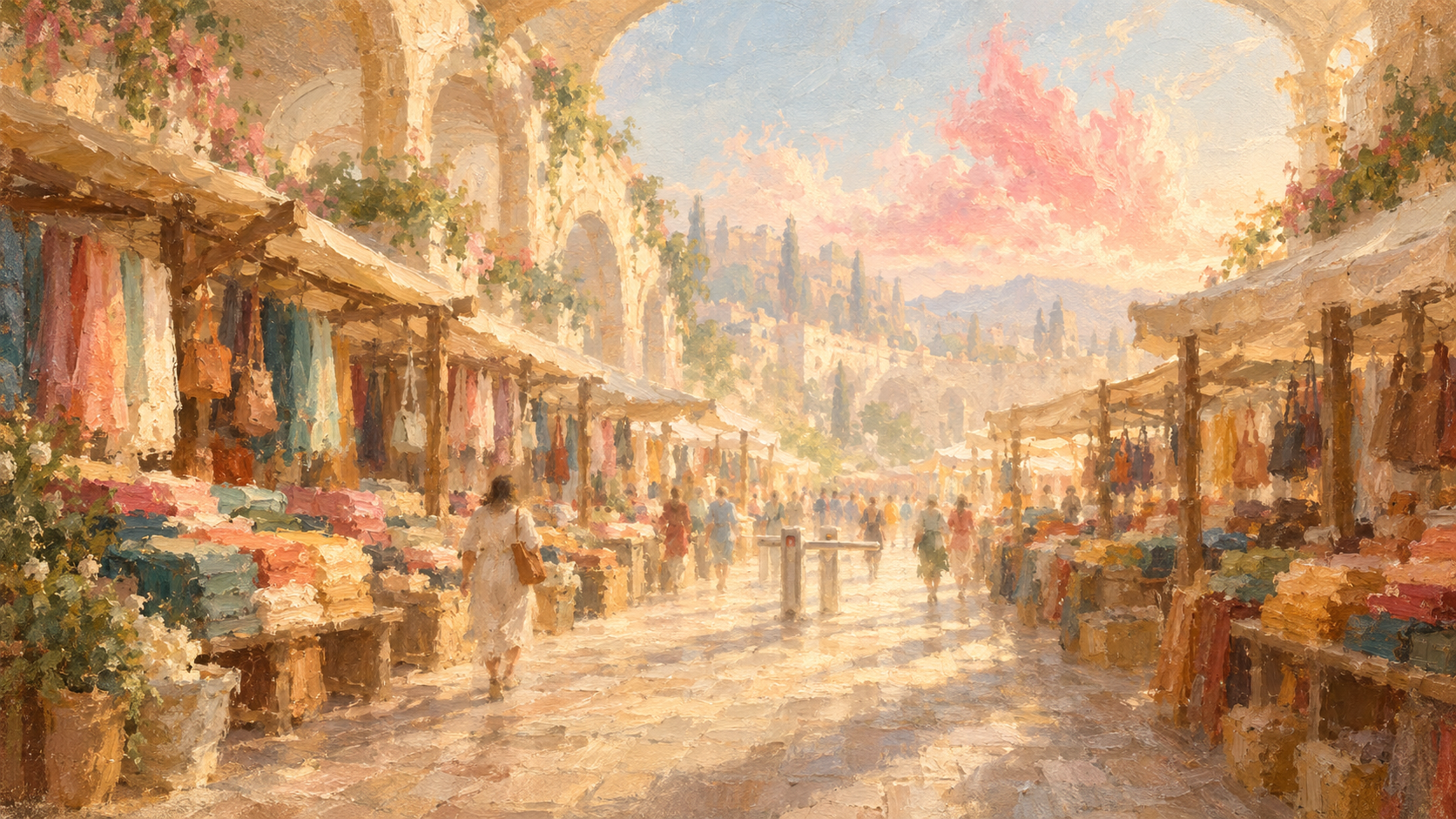 A soft impressionist oil painting of a sunlit covered market where a woman with a shoulder bag walks between stalls of folded cloth and hanging bags toward a pale turnstile, under a stone arch opening onto a hazy hill town and a large coral-pink cloud.