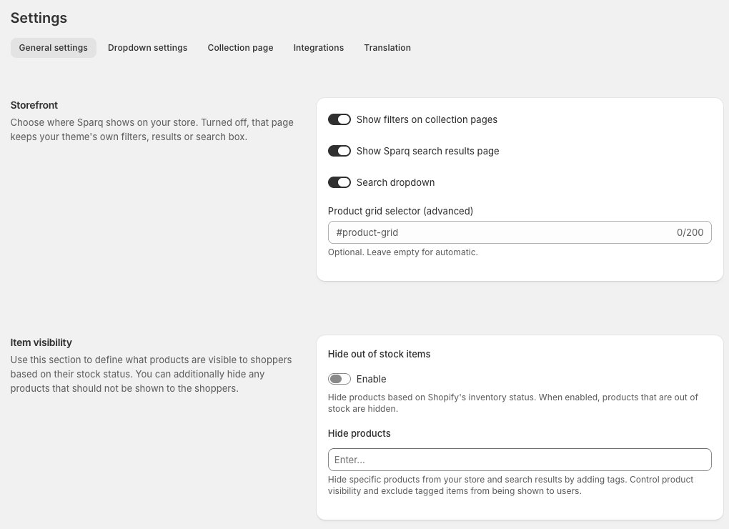 Sparq General settings with Storefront toggles for filters on collection pages, the Sparq search results page and the search dropdown, an optional product grid selector, and Item visibility options to hide out-of-stock items or hide products by tag