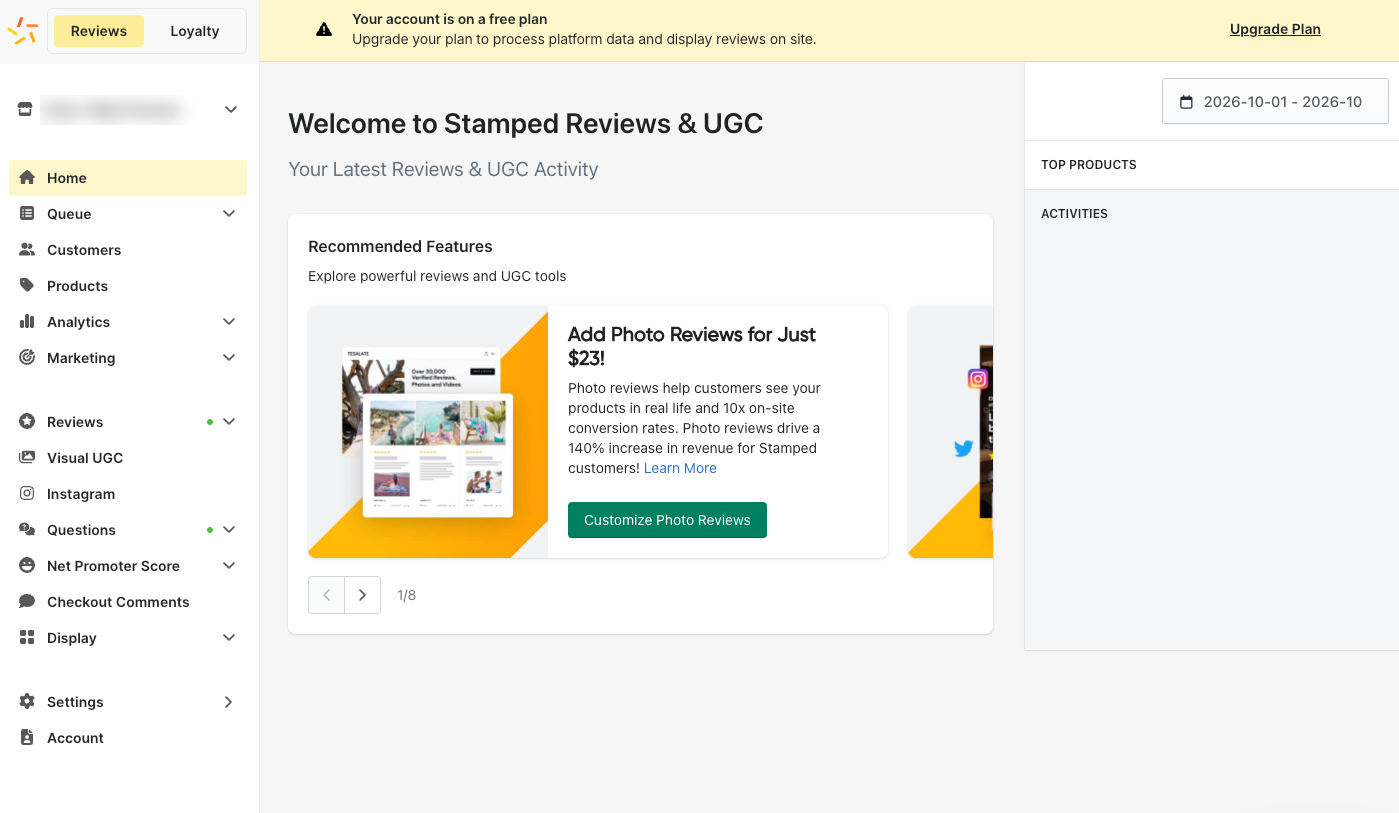 Stamped Reviews & UGC home dashboard on the free plan, with an upgrade banner at the top, a Reviews and Loyalty switch, the full admin menu, and a Recommended Features carousel