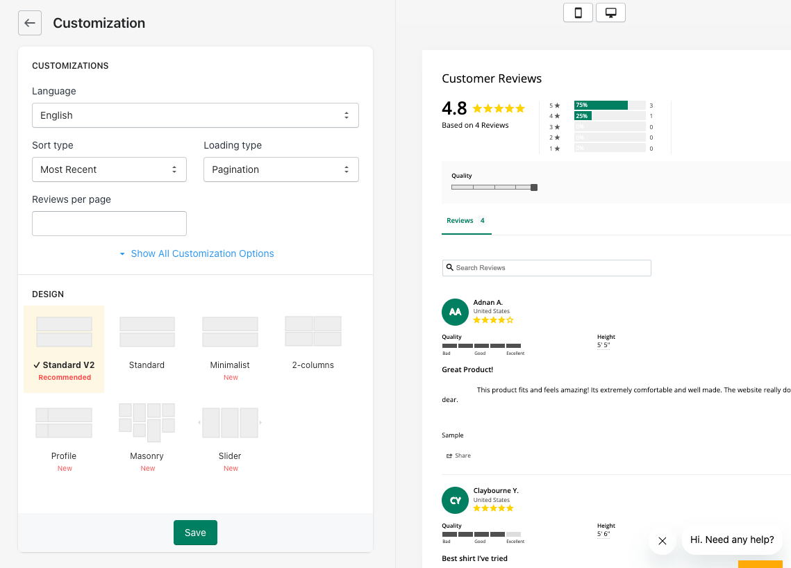 Stamped Main Widget customization screen with language, sort type, loading type, and reviews per page settings, seven design layouts with Standard V2 selected, and a live preview of a Customer Reviews widget with a rating summary and sample reviews