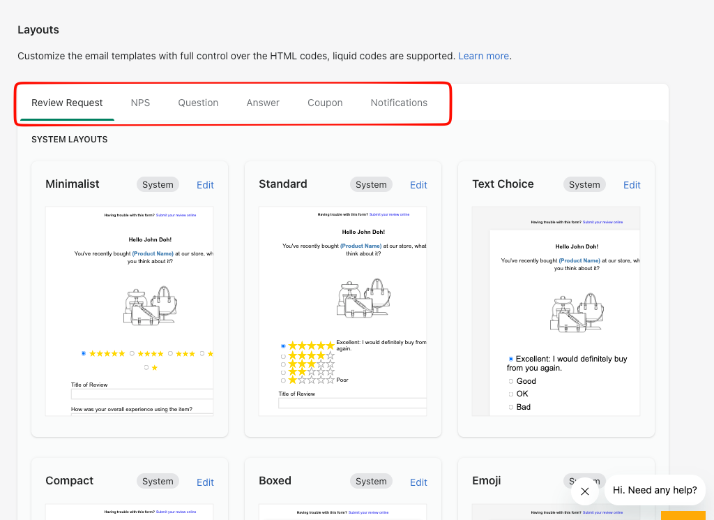 Stamped Reviews Emails Layouts screen with tabs for Review Request, NPS, Question, Answer, Coupon, and Notifications, and system layouts including Minimalist, Standard, Text Choice, Compact, Boxed, and Emoji