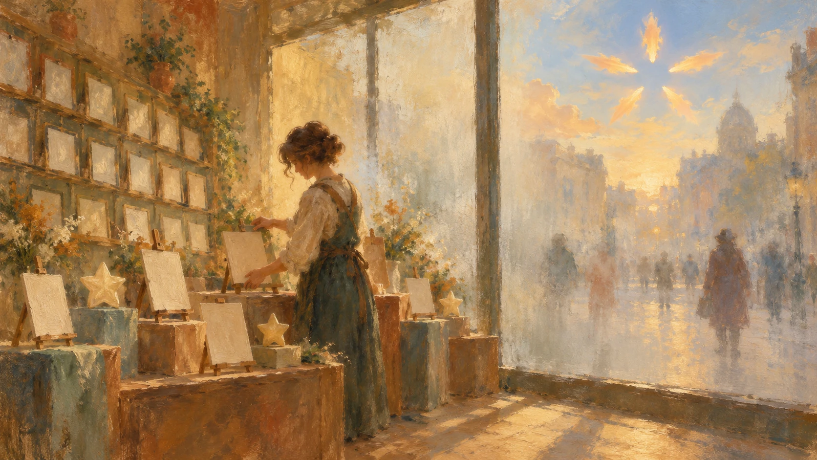 An impressionist oil painting of a woman arranging blank cards on easels and star-shaped tokens inside a sunlit shop, while a frosted window hides the display from blurred shoppers on the street and five soft peach streaks form a broken star in the sky.