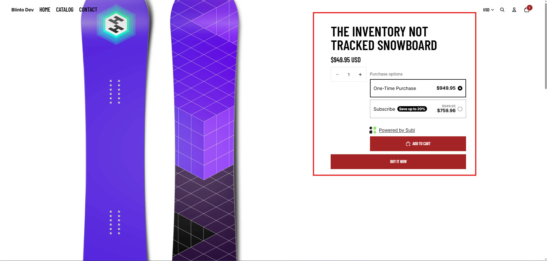 A product page on the Blinto Dev storefront showing Subi’s purchase options: One-Time Purchase at $949.95 and Subscribe with a Save up to 20% badge at $759.96
