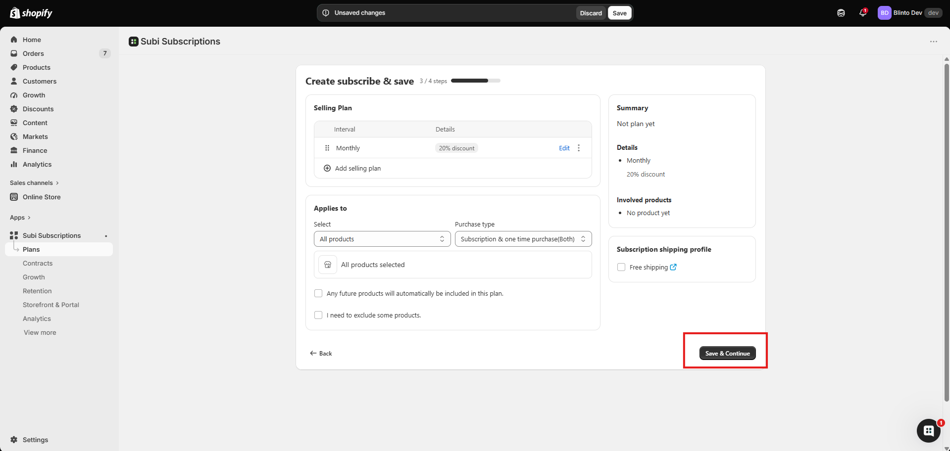Subi’s Create subscribe & save builder in the Shopify admin, with a monthly 20% discount plan applied to all products and the Subi menu on the left