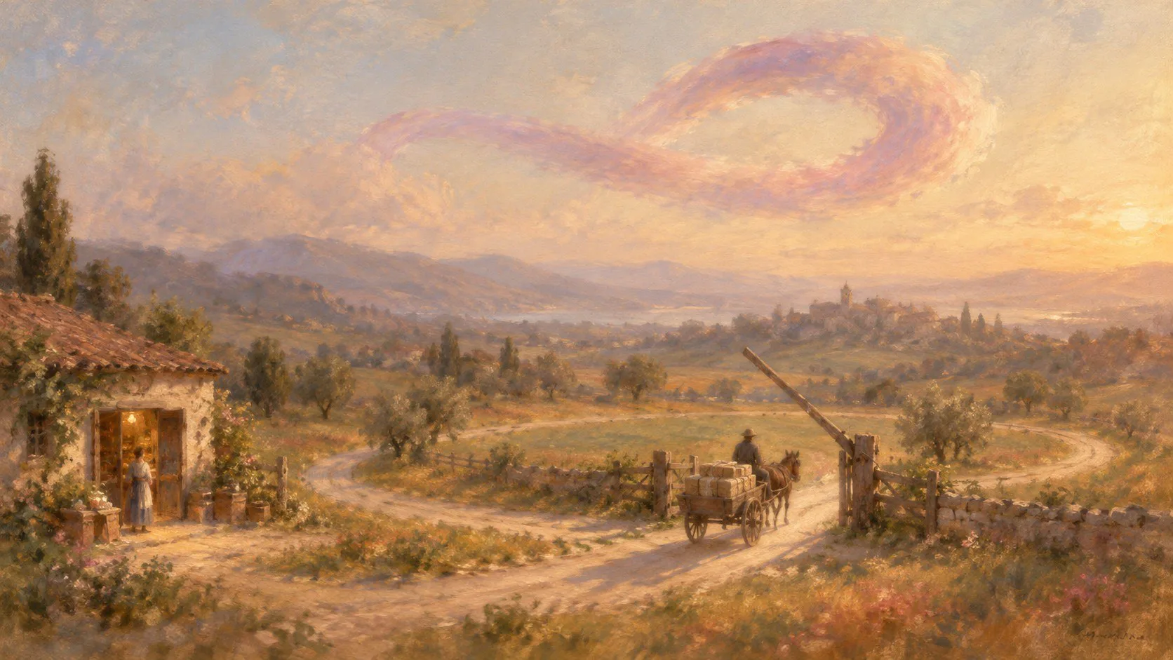 Oil painting of a delivery cart with bundled parcels on a looping country path that returns to a village shop, passing an open toll gate under a soft pink and violet ribbon-shaped cloud