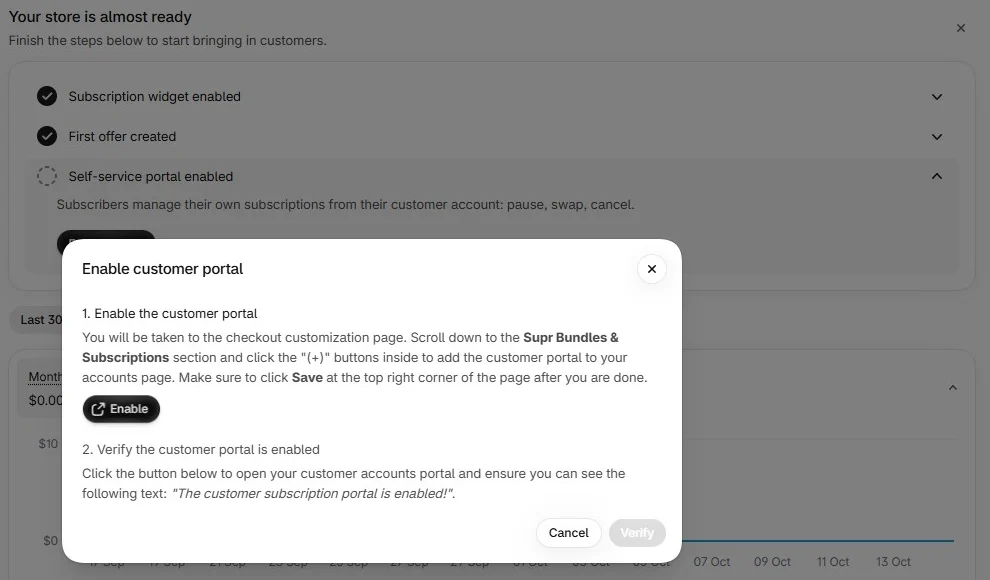 Supr Enable customer portal dialog explaining two steps: open the checkout customization page and add the Supr Bundles & Subscriptions customer portal to the accounts page and save, then verify the portal by checking for a confirmation message