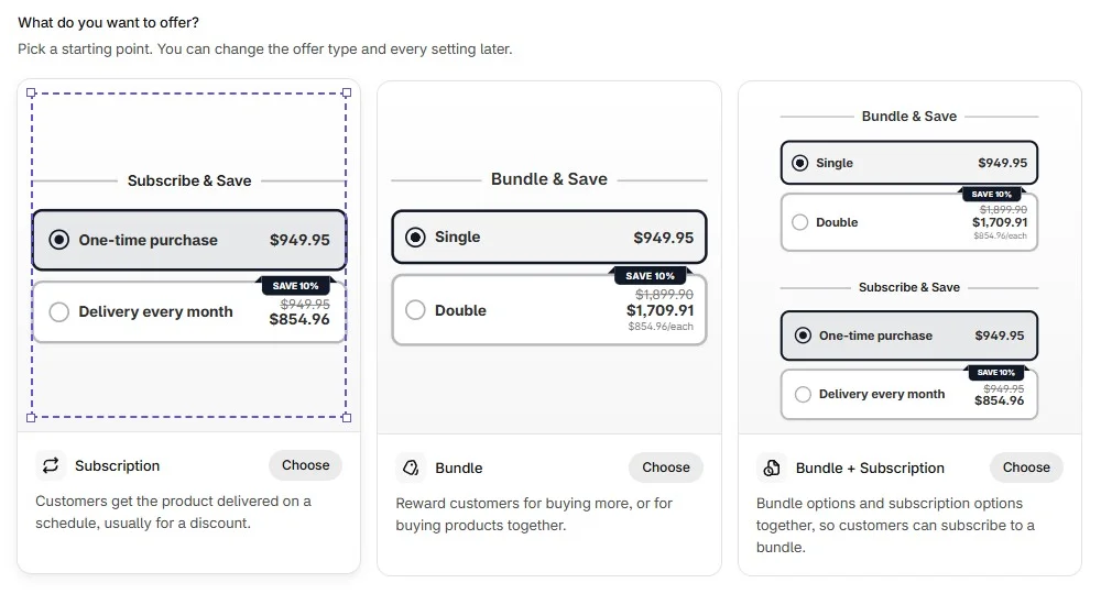 Supr Create offer screen asking what you want to offer, with three choices: Subscription with a Subscribe & Save preview, Bundle with Single and Double options, and Bundle + Subscription combining both