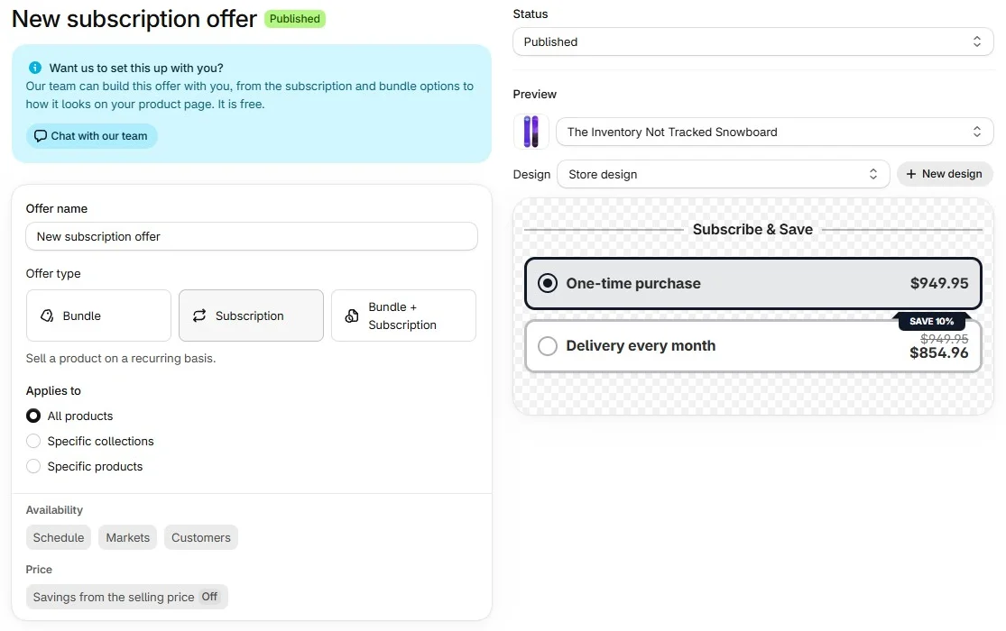 Supr Create offer editor with offer name, offer type set to Subscription, Applies to set to All products, Availability options for Schedule, Markets and Customers, a Status of Published, and a preview of the Subscribe & Save widget with One-time purchase and Delivery every month at 10% off