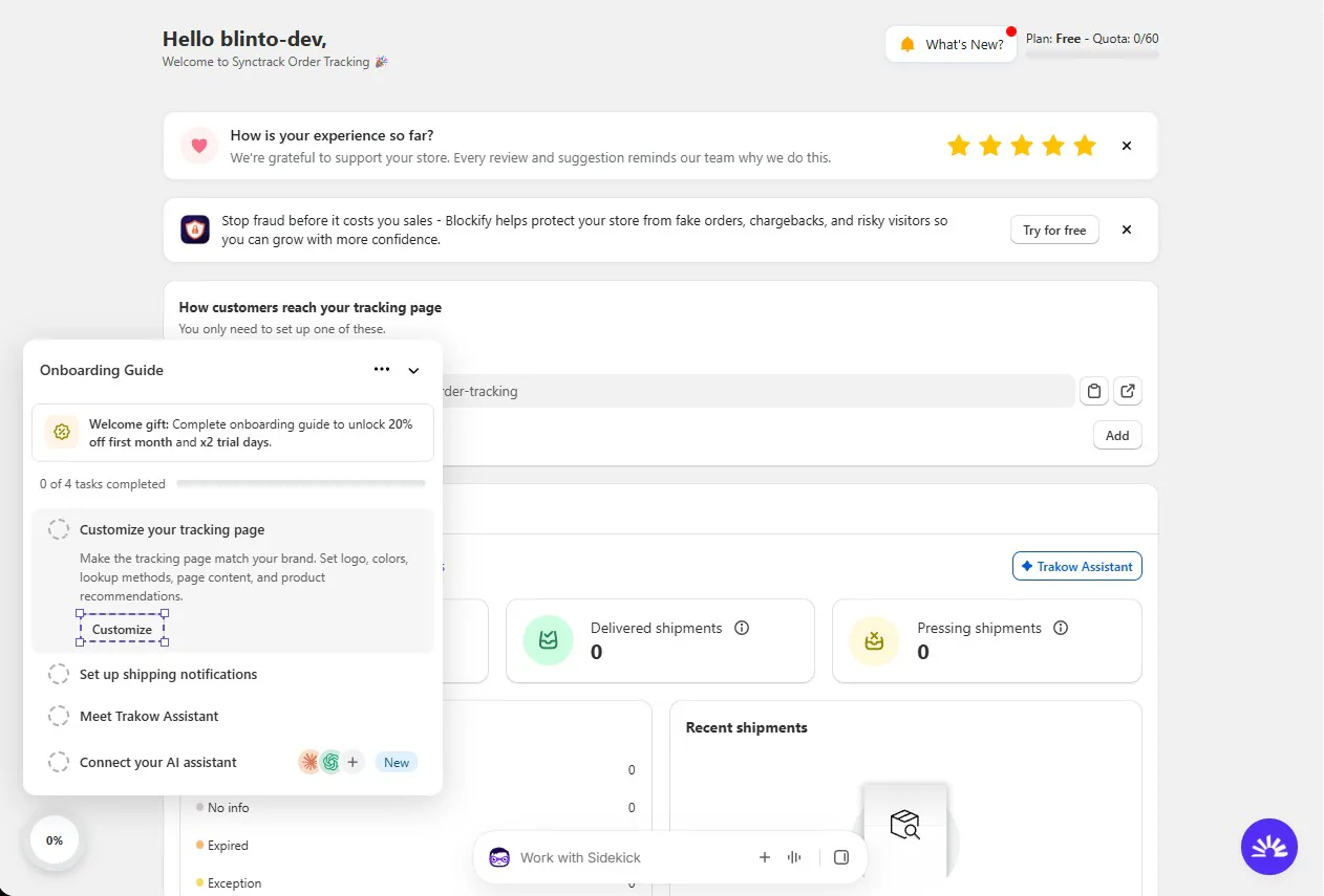 Synctrack dashboard showing the Free plan with a 0 of 60 order quota, a tracking page URL, delivered and pressing shipment counts, and the Onboarding Guide with four setup tasks and a welcome gift offer
