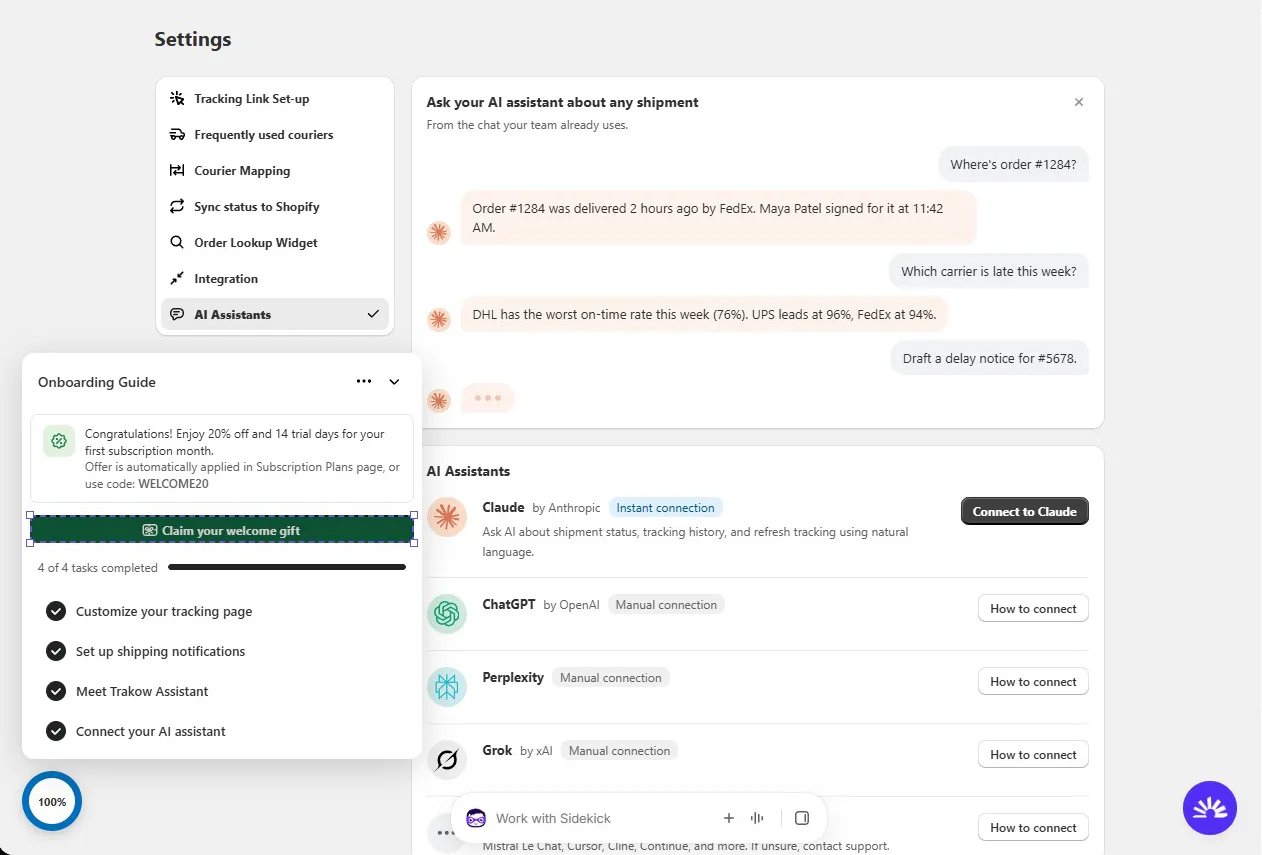 Synctrack Settings with menu items for Tracking Link Set-up, Frequently used couriers, Courier Mapping, Sync status to Shopify, Order Lookup Widget, Integration and AI Assistants, with Claude marked as instant connection and ChatGPT, Perplexity and Grok as manual connections