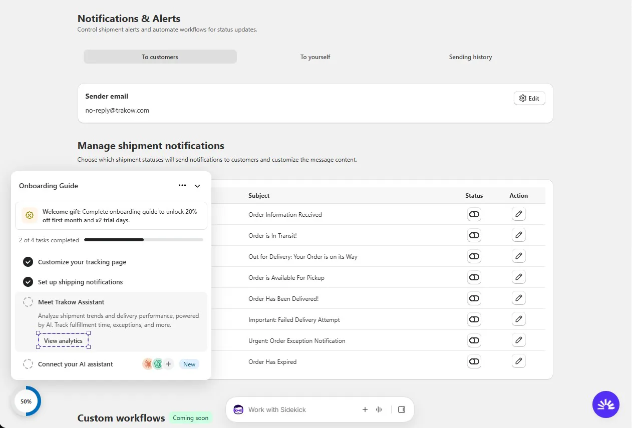 Synctrack Notifications and Alerts screen with To customers, To yourself and Sending history tabs, the no-reply sender email, and eight shipment status emails from Order Information Received to Order Has Expired, each with a toggle and edit button