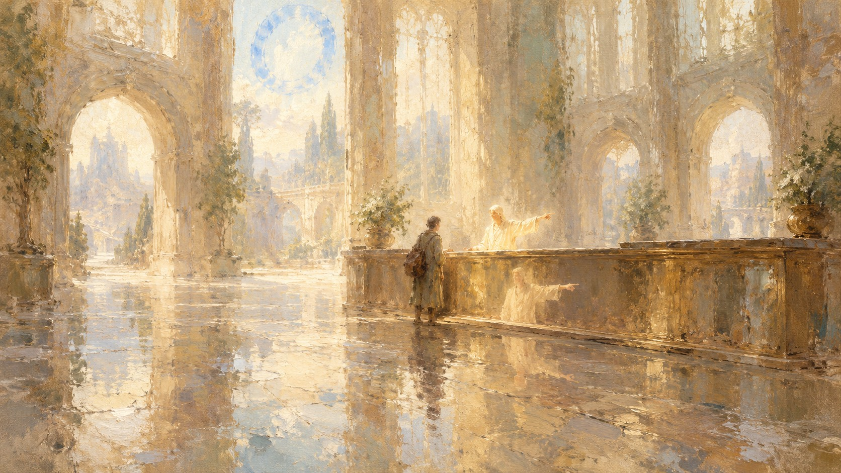 A hazy painterly traveller at a long counter in a sunlit colonnaded hall, where a pale attendant points toward the distant archways while a reflected figure below points a different way, beneath a soft blue ring-shaped emblem in the sky