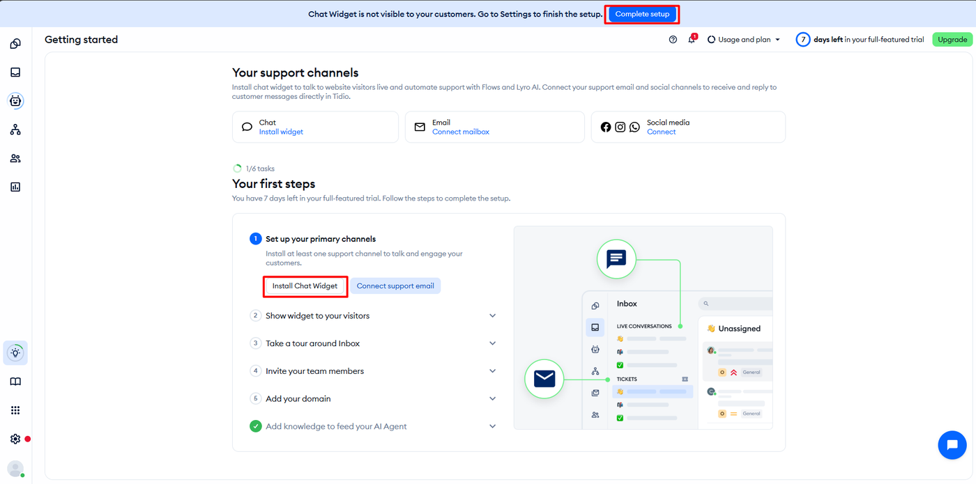 Tidio getting started checklist showing support channels and a six-step first-steps list with the AI knowledge step already complete