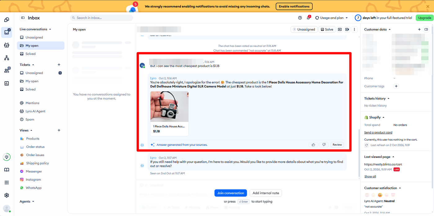 Tidio inbox showing the corrected Lyro exchange, the neutral chat rating with a not accurate comment, and the customer data panel