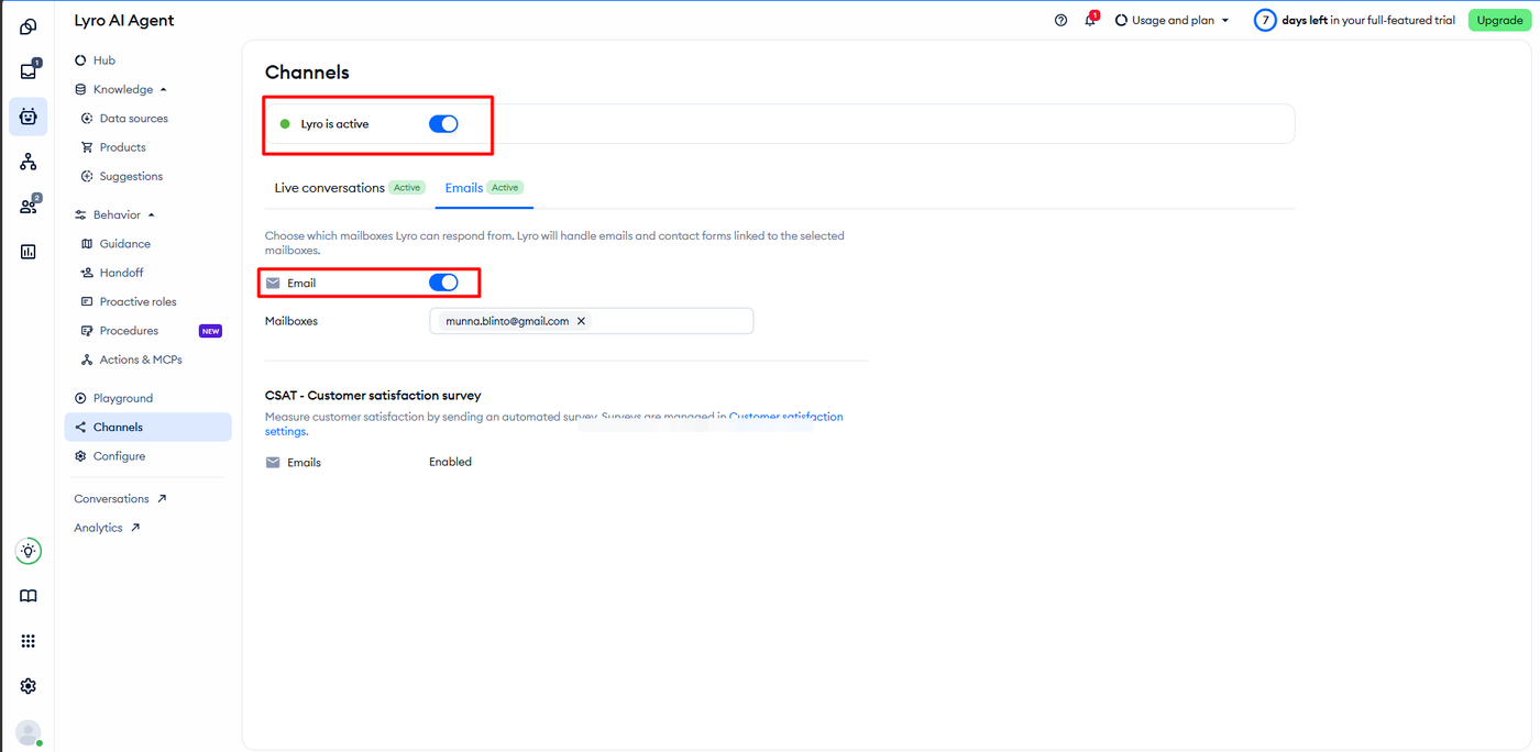 Tidio Lyro AI agent channels screen showing live conversations and emails both active with a connected mailbox