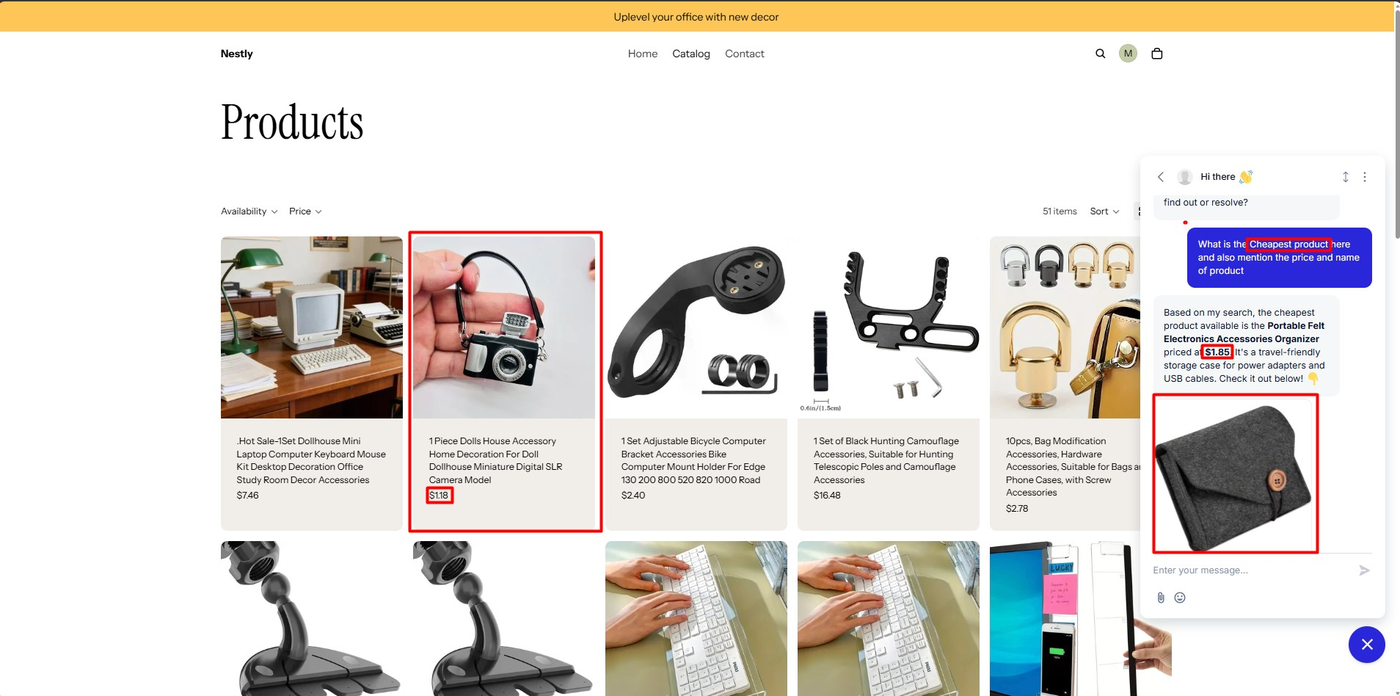 Shopify product grid with the Tidio chat open, showing Lyro naming a 1.85 dollar organizer as the cheapest product while a 1.18 dollar item is visible on the same page