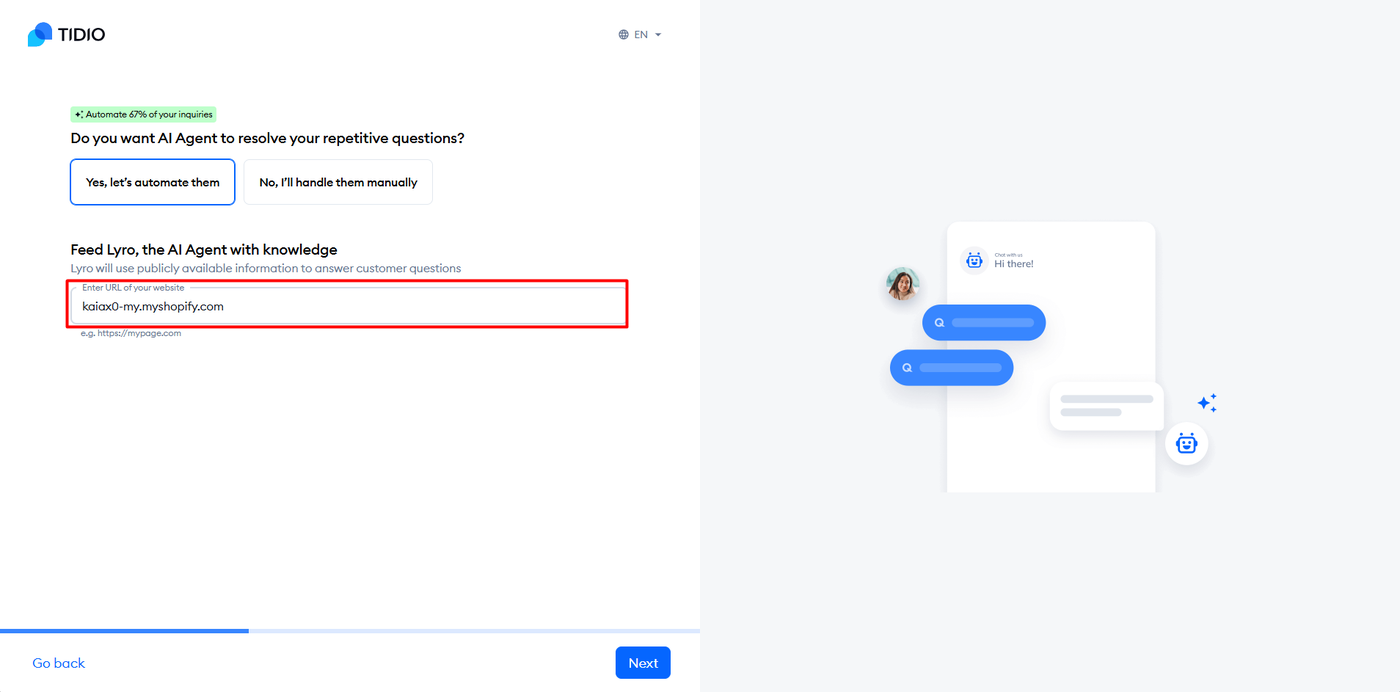 Tidio onboarding asking whether the AI agent should resolve repetitive questions, with a field to feed Lyro the store URL as its knowledge source