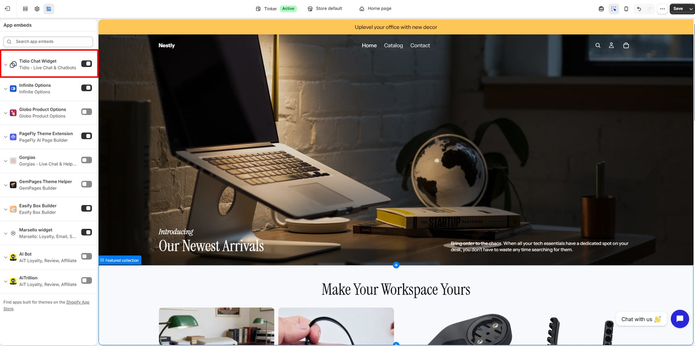 Shopify theme editor app embeds list with the Tidio Chat Widget toggle enabled and the chat launcher visible on the storefront preview