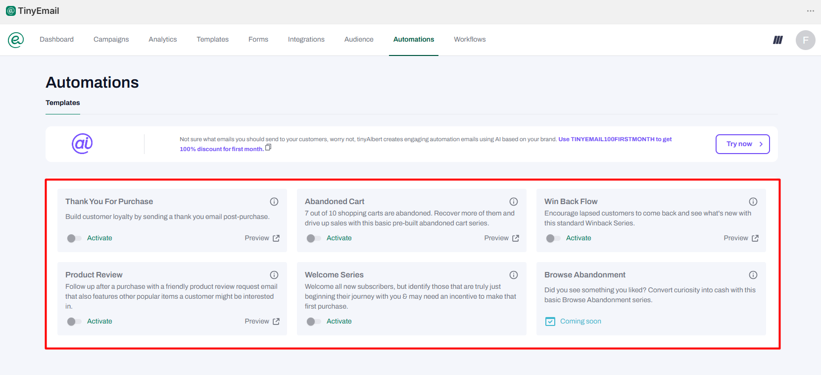 tinyEmail Automations page showing Thank You For Purchase, Abandoned Cart, Win Back Flow, Product Review and Welcome Series templates with Activate toggles, and Browse Abandonment marked Coming soon