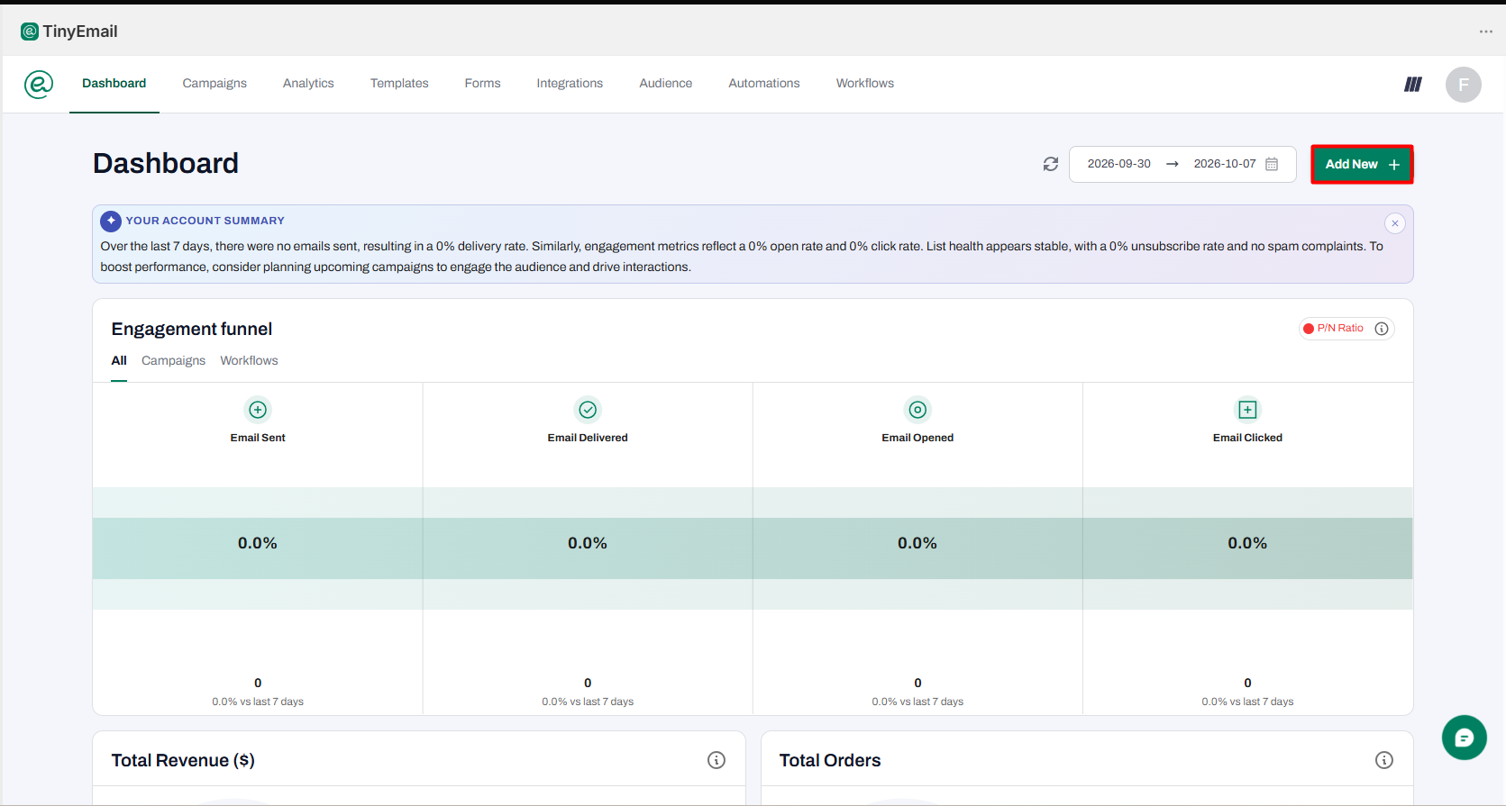 tinyEmail dashboard with an AI account summary, an engagement funnel for emails sent, delivered, opened and clicked, and the main menu across the top