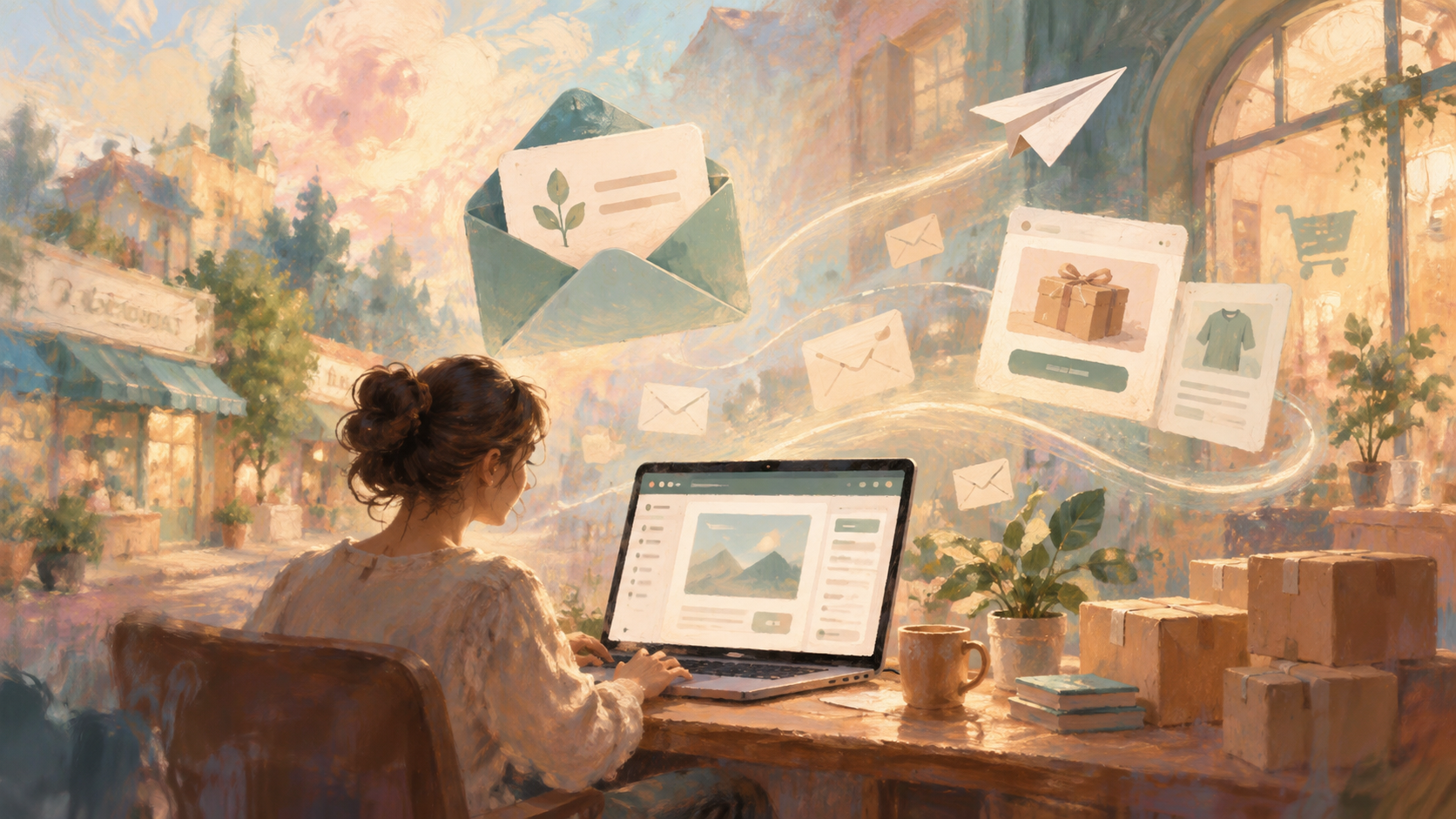 An impressionist painting of a shop owner at a laptop as envelopes, a paper plane and product cards drift toward a sunlit street of small shops.