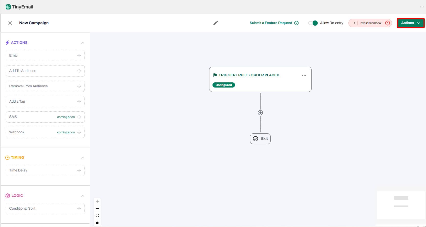 tinyEmail workflow builder with an Order Placed trigger, an Actions panel listing Email, Add To Audience, Remove From Audience, Add a Tag, and SMS and Webhook marked coming soon
