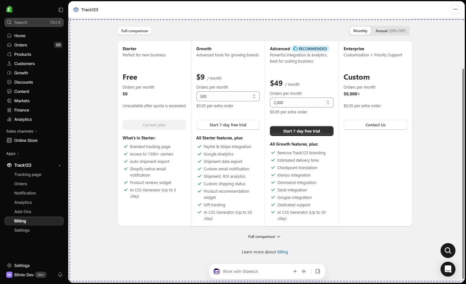 Track123 in-app plan page showing Starter free for 50 orders, Growth at $9 a month for 300 orders, Advanced at $49 a month for 2,000 orders and a custom Enterprise plan
