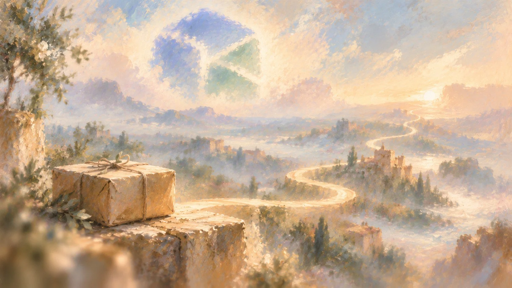 An impressionist painting of a twine-tied parcel on a stone ledge above a winding golden road that crosses misty hills and hilltop villages toward a rising sun, under a soft cube shape in the clouds.